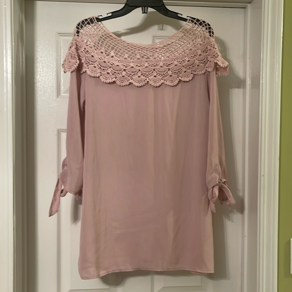 Nextmia - light pink tunic - crocheted neckline - sheer - size 14